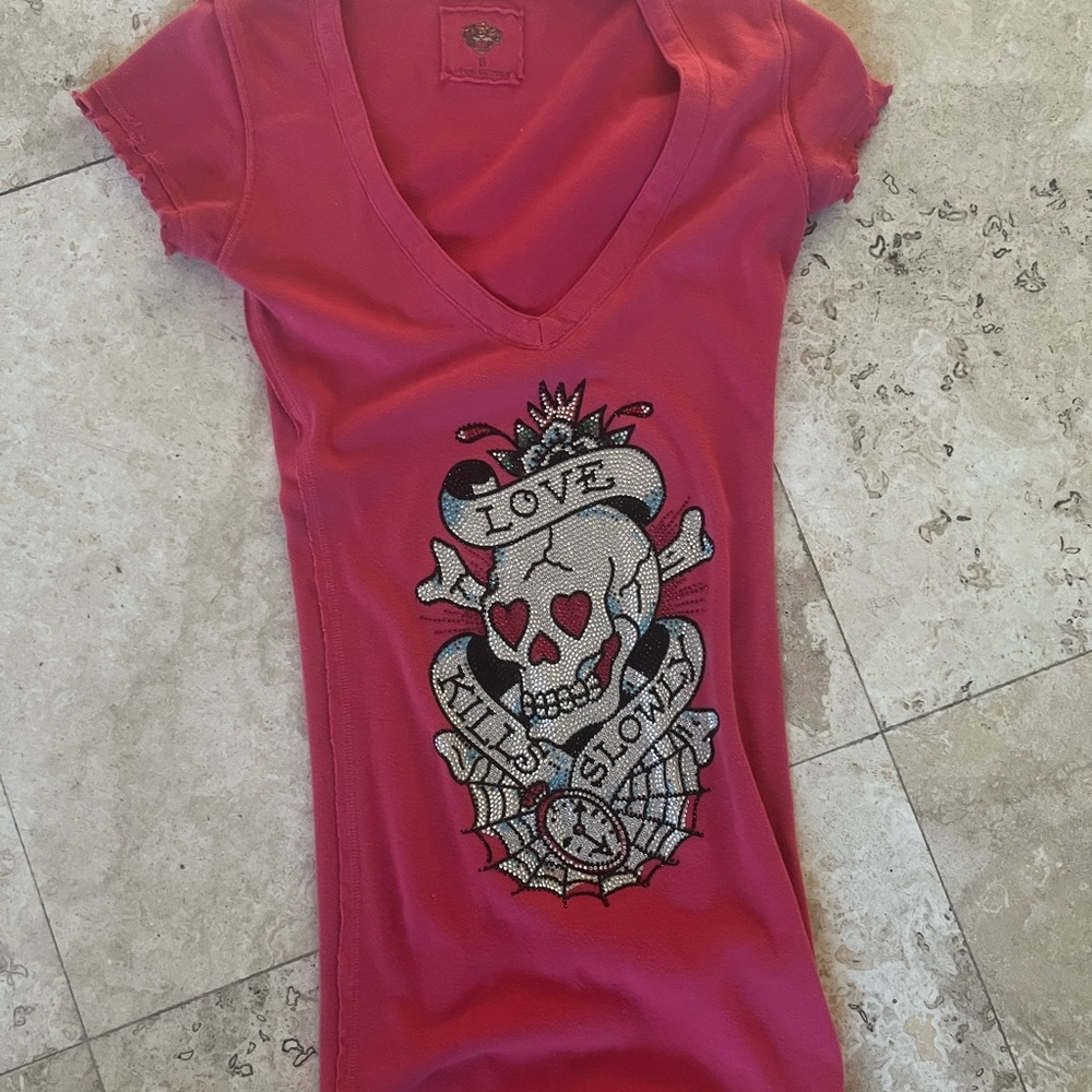 Ed Hardy rhinestone tunic fitted cap sleeve shirt SM